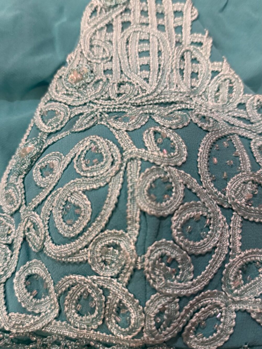 Sue Wong 100% Silk Y2K Turquoise Teal Crochet Flowy Top Fairy Art Deco Halter 1 - Picture 13 of 15